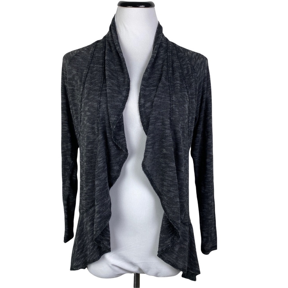 Bobeau Marled Open Front Ruffle Cardigan‎ Women's Small Black Gray Long Sleeve